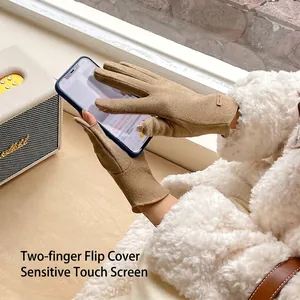 Winter thermal suede gloves in camel with flip-top fingers for touchscreen use