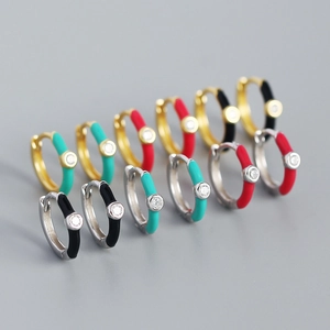 Collection of six pairs of minimalist s925 silver hoop earrings with colorful enamel inlay