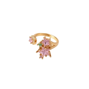 Star-shaped open ring in gold finish with pink star gems and green zircon accents