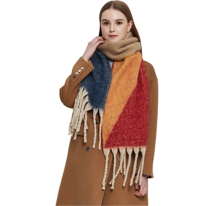 Thick colorful jacquard faux mohair scarf with tassels and blue-orange-red-beige pattern