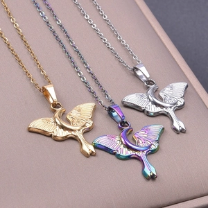 Three-color moth and moon stainless steel pendants in gold, silver, and iridescent finish