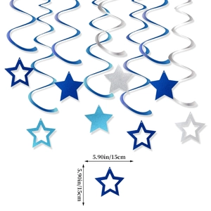 Detail of 5.9-inch blue and silver star swirls for boys birthday party hanging decor