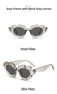 Front and side views of trendy grey petal-shaped sunglasses with dark grey lenses