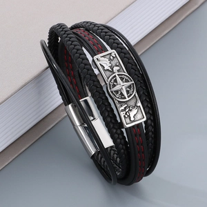Men's multilayer black leather braided bracelet with compass and world map magnetic clasp