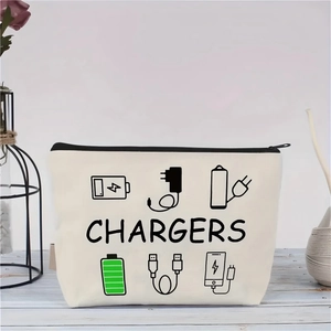 Detail der Canvas-Tasche mit CHARGERS-Aufdruck und schwarzem Reißverschluss auf Holz