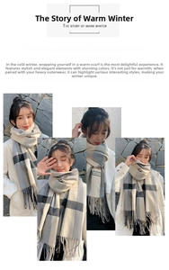 Detail of plaid faux cashmere scarf with tassels showing texture and color blocking