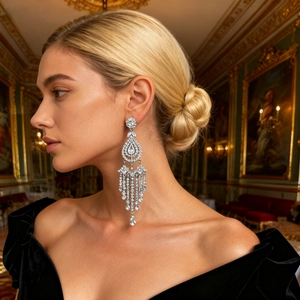 Detailed view of silver chandelier tassel earrings with luxury rhinestones and ornate design