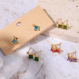 Minimalist square birthstone stud earrings in multi-color stones with gold plating
