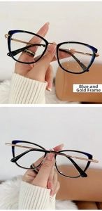 Detail view of cat eye glasses with blue gold frames and stylish metal temple accents
