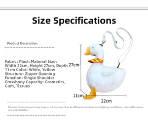 Detail view of plush goose bag showing 27cm height and soft white fabric texture