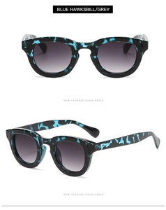 Detailed views of round retro sunglasses in blue hawksbill texture and grey lenses