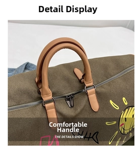 Detail of the durable canvas travel bag showing the comfortable brown leather handles