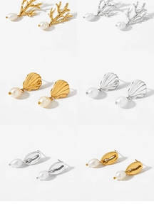 Detailed set of ocean-themed coral and seashell stud earrings with white pearl drops
