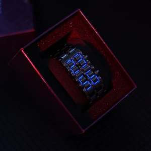 Lava LED watch with blue digital display in black metal finish and sleek gift box