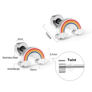 Detailansicht der Regenbogen-Ohrringe mit Edelstahldrehverschluss und Größenangaben