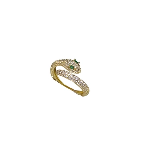 Elegant gold plated snake ring with sparkling white zircon stones and green gem eyes