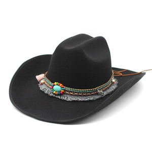 Black felt cowboy hat with bohemian ethnic woven band and turquoise stone accent
