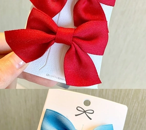 Detail of red and blue satin bow hair clips with textured ribbon on display card