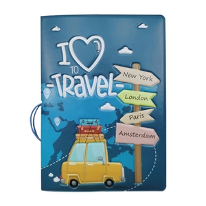 Deep blue travel passport cover with 3D embossed world map and vintage car design