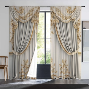 Detail of 3D digital printed gold floral baroque curtains with matching valance