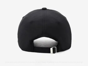 Rear view of quick-dry black baseball cap featuring an adjustable silver metal buckle