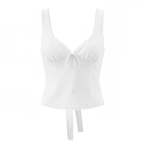 Débardeur Col En V Femmes Dentelle Noeud Slim Fit Court Camisole Fermeture Éclair Dos Mélange Coton