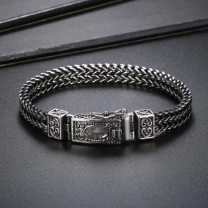 Men's punk vintage double-row wheat chain bracelet in stainless steel with floral clasp