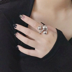 Irregular silver spherical open ring with three polished metal globes for women