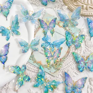 Glitter laser butterfly PET stickers with gold stamping for DIY scrapbooking decoration