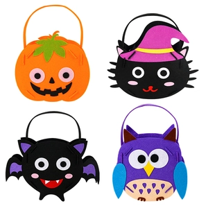 Set of four felt Halloween candy bags featuring pumpkin, black cat, bat and owl designs