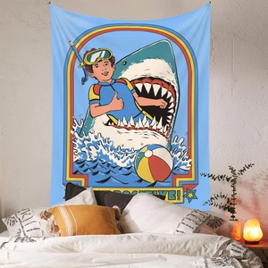 Arazzo retrò con sommozzatore e squalo e scritta Stay Positive per decorazione camera
