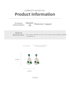 Detail of rose gold gourd earrings with emerald green stones and pavé set cubic zirconia