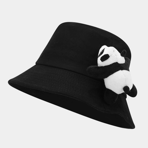 Kids black bucket sun hat with cute 3D panda doll and windproof rope in canvas
