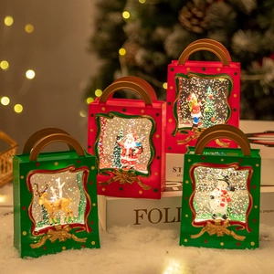 Christmas water globe lantern gift box with Santa and Snowman in red and green colors