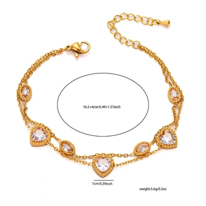 Detail view of 18k gold plated bracelet with dimensions for heart and oval zircons