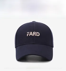 Detail of navy blue cotton baseball cap with FARD 3D embroidery and 6-panel structure