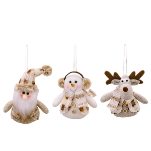 Three Nordic style felt Christmas ornaments featuring Santa, snowman, and reindeer figures