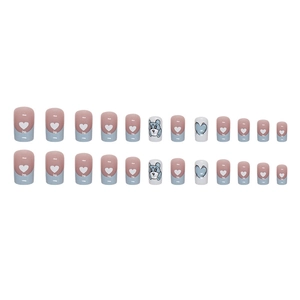 Blue heart bear press-on nails with French tip design and cute cartoon patterns