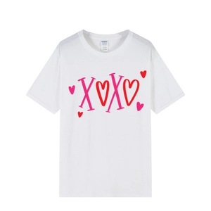 Loose fit white t-shirt with XOXO heart print for Valentine Day, flat lay cotton tee