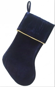Large navy blue velvet Christmas stocking with golden rope trim and hanging loop decoration