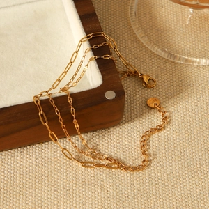 Three-layer 18k gold-plated stainless steel lip and paperclip chain bracelet for women