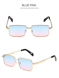 Detail of square gold metal sunglasses with blue-pink gradient lenses on white background