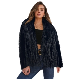 Short black faux fur coat with shaggy fringe design for women in casual style