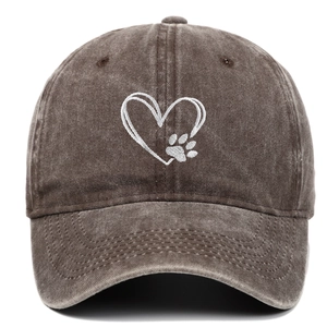 Vintage washed cotton baseball cap featuring embroidered heart and pet paw design