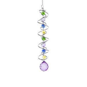 Detail of 3D spiral wind spinner with colorful crystal beads and a purple pendant