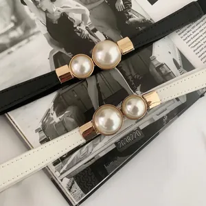 Women Skinny Waist Belt Faux Artificial Pearl Metal Buckle Elegant Thin Elastic Decorative For Dresses Coats