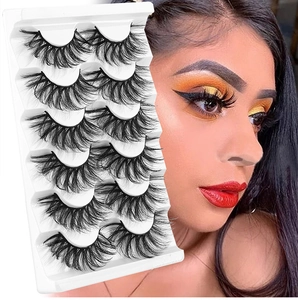Detail of dense 8D faux mink eyelashes set with model wearing effect for voluminous look