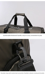 Detail showing thickened padded handle and sturdy plastic hook of the green travel bag