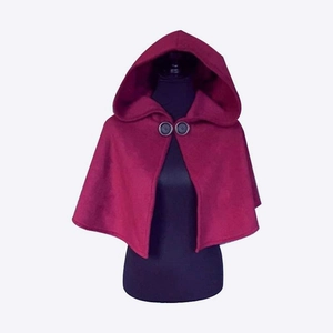 Women's rose red hooded medieval shawl cloak with decorative double-button closure