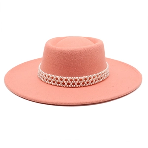 Elegant pink wool felt fedora hat for women with luxury pearl beaded band decoration